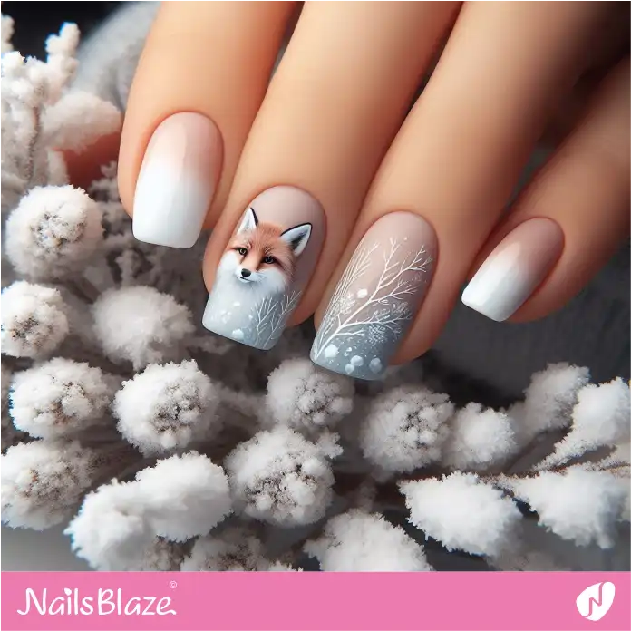 Matte Ombre Nails with Fox Design | Polar Wonders Nails - NB3140